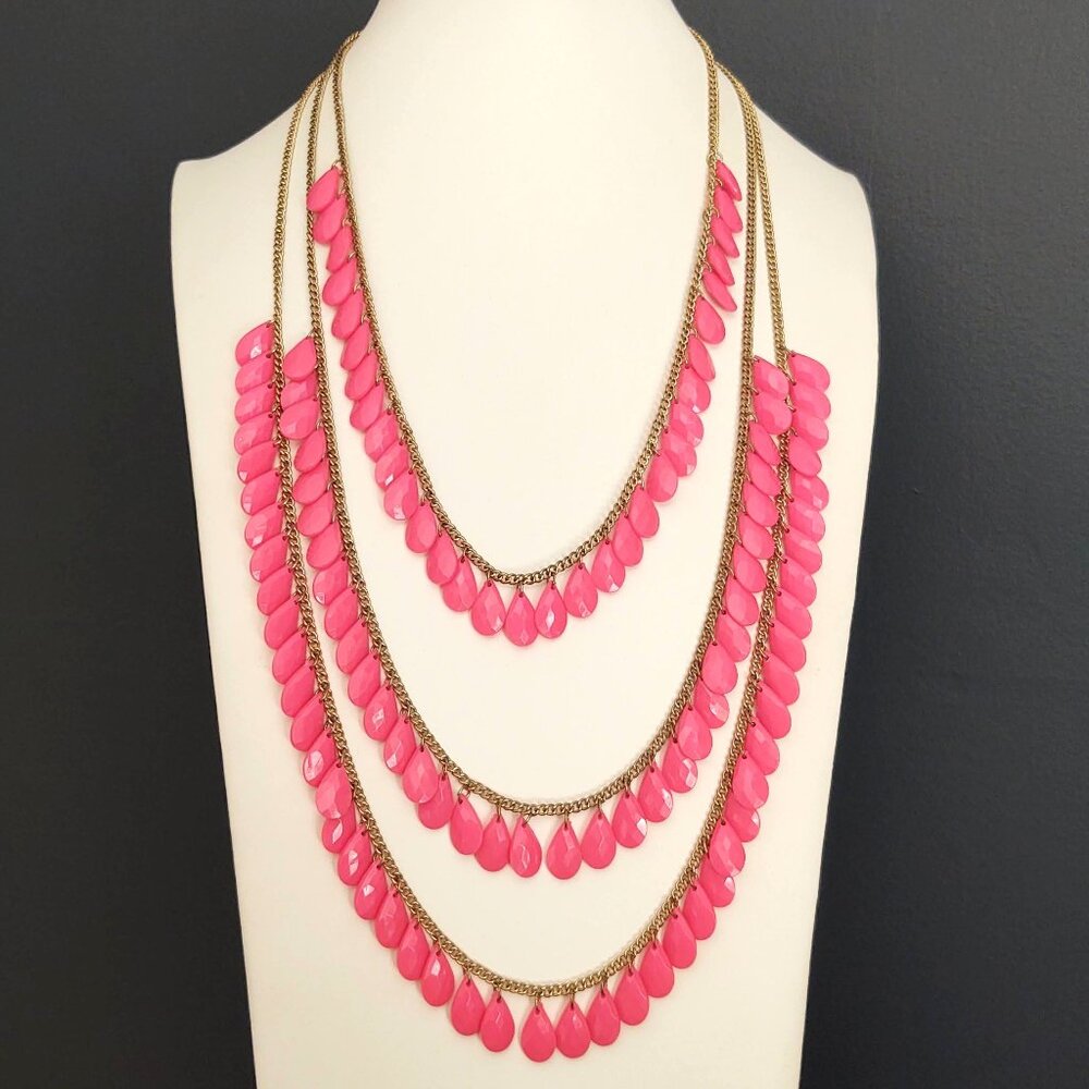 Bright pink beaded 3 strand layered necklace